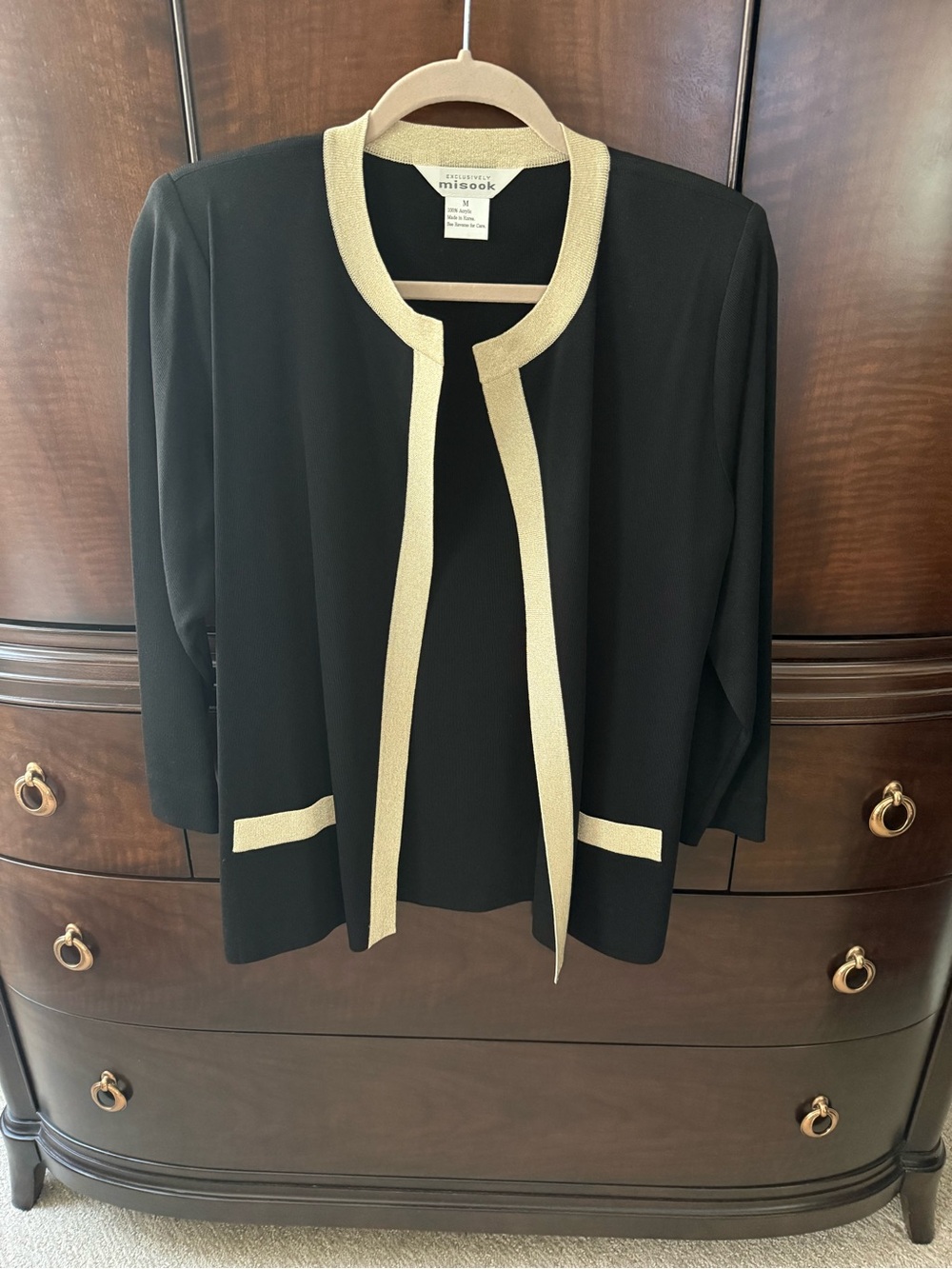 Misook Black Cardigan with Gold Trim Open-Front